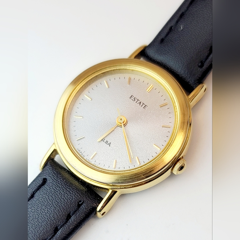 Seiko Gold Case Silver Dial Black Strap Ladies Watch